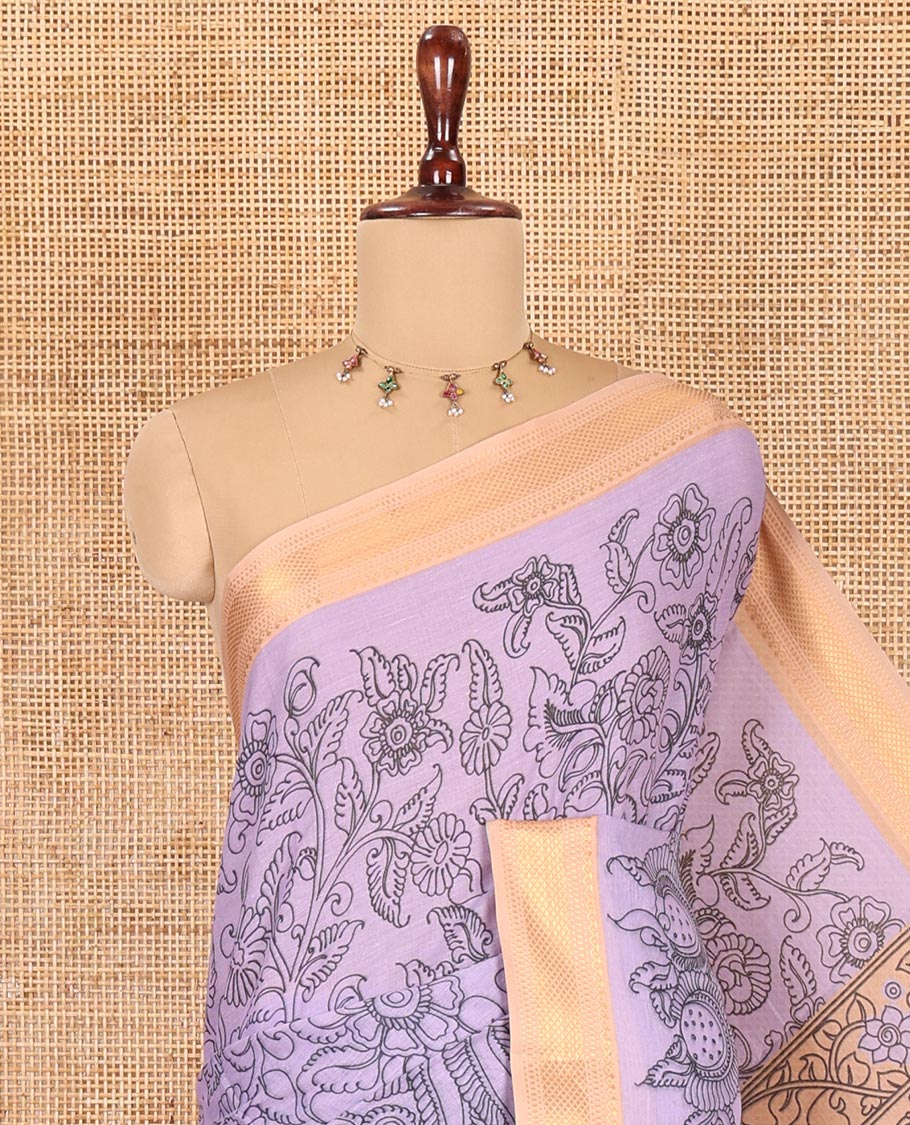 Lavender Mangalagiri Cotton Saree Features Kalamkari Flora-Fauna-Humans, a Contrast Border, and Printed Blouse