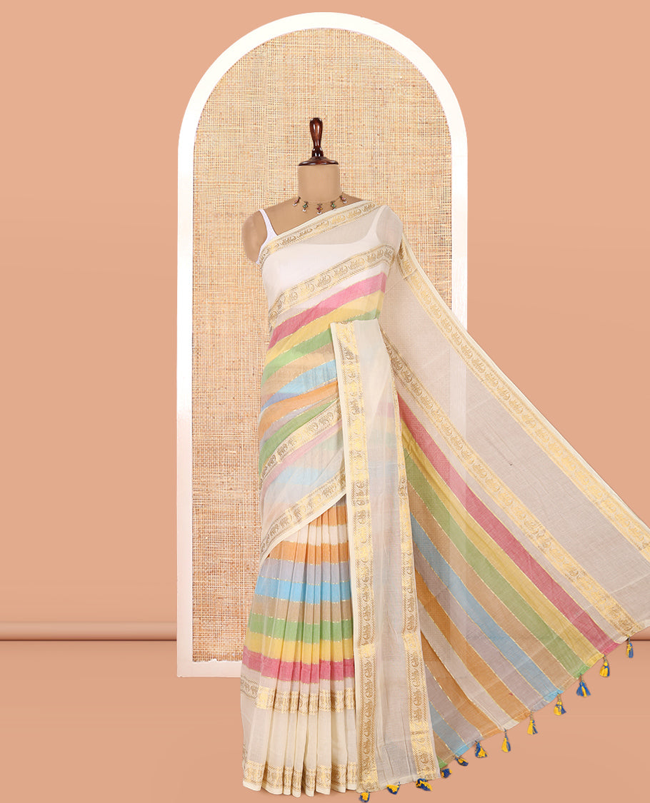 Cream Khadi Mul Cotton Saree