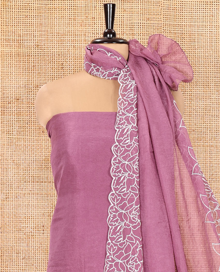 Lavender Organza Crushed Material Churidar Set, Elegantly Bedecked with Floral-Themed Thread Embroidery Top, Comes with a Plain Santoon Bottom, and Is Paired with Organza Crushed Dupatta of Floral Thread Embroidery