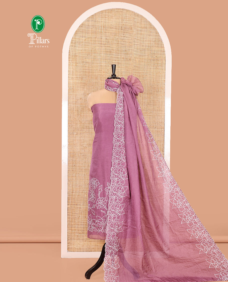 Lavender Organza Crushed Material Churidar Set, Elegantly Bedecked with Floral-Themed Thread Embroidery Top, Comes with a Plain Santoon Bottom, and Is Paired with Organza Crushed Dupatta of Floral Thread Embroidery