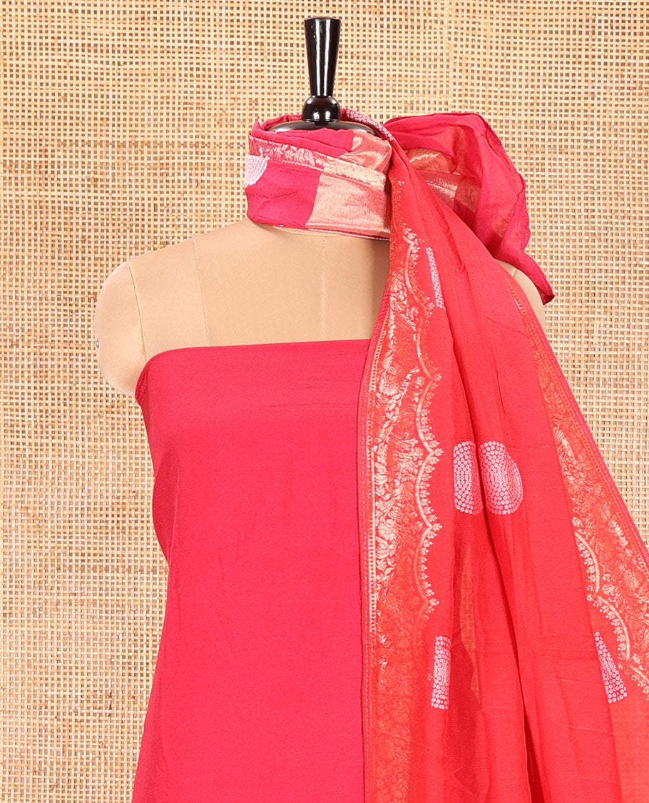 Pink Semi Silk Material Churidar Set, Subtly Made Plain Top, a Plain Santoon Bottom, and Is Paired with a Dual-Colored Bandhani Motifs Semi Silk Dupatta