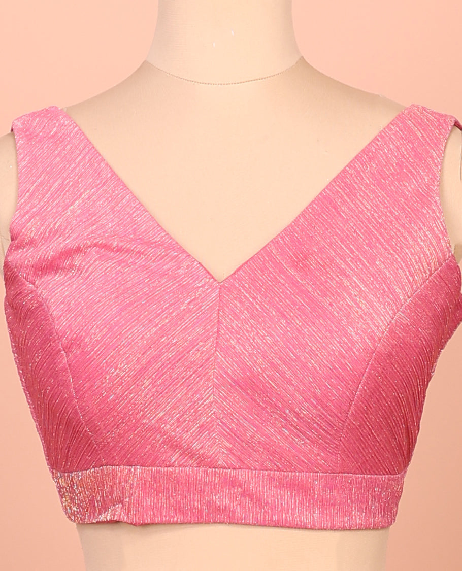 Pink Readymade Blouse Featuring a Front V-Neck, Back V-Neck, and Sleeveless