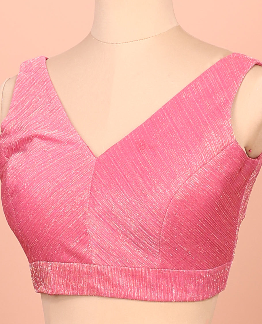 Pink Readymade Blouse Featuring a Front V-Neck, Back V-Neck, and Sleeveless