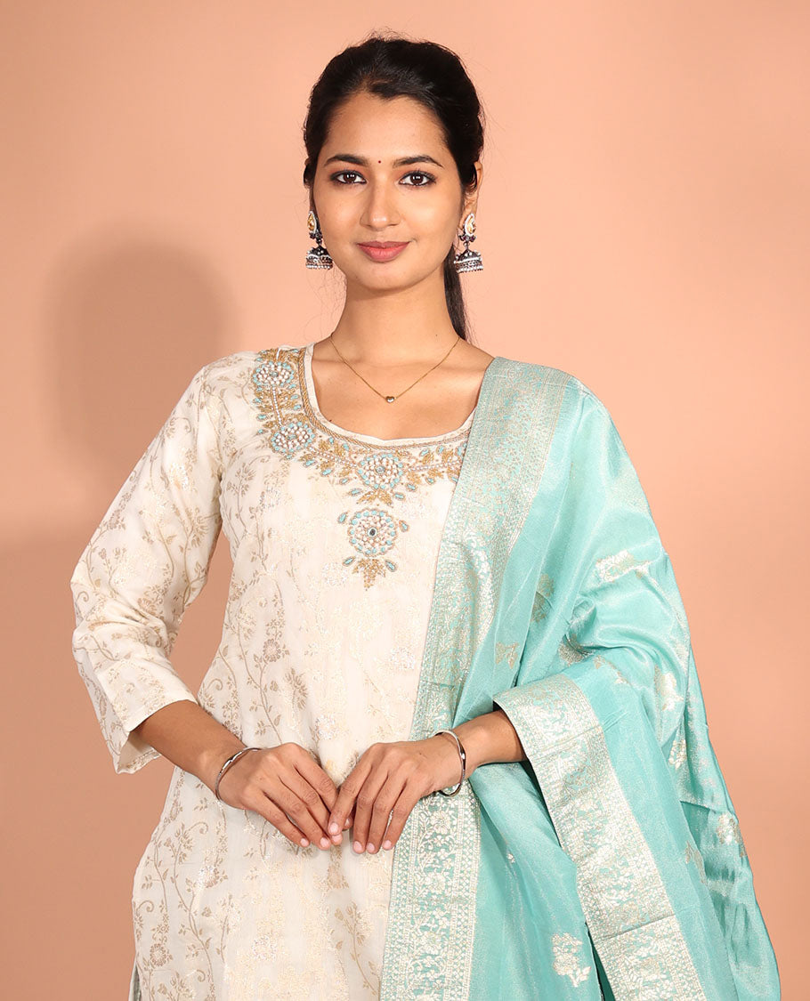 Cream Jacquard Readymade Suit