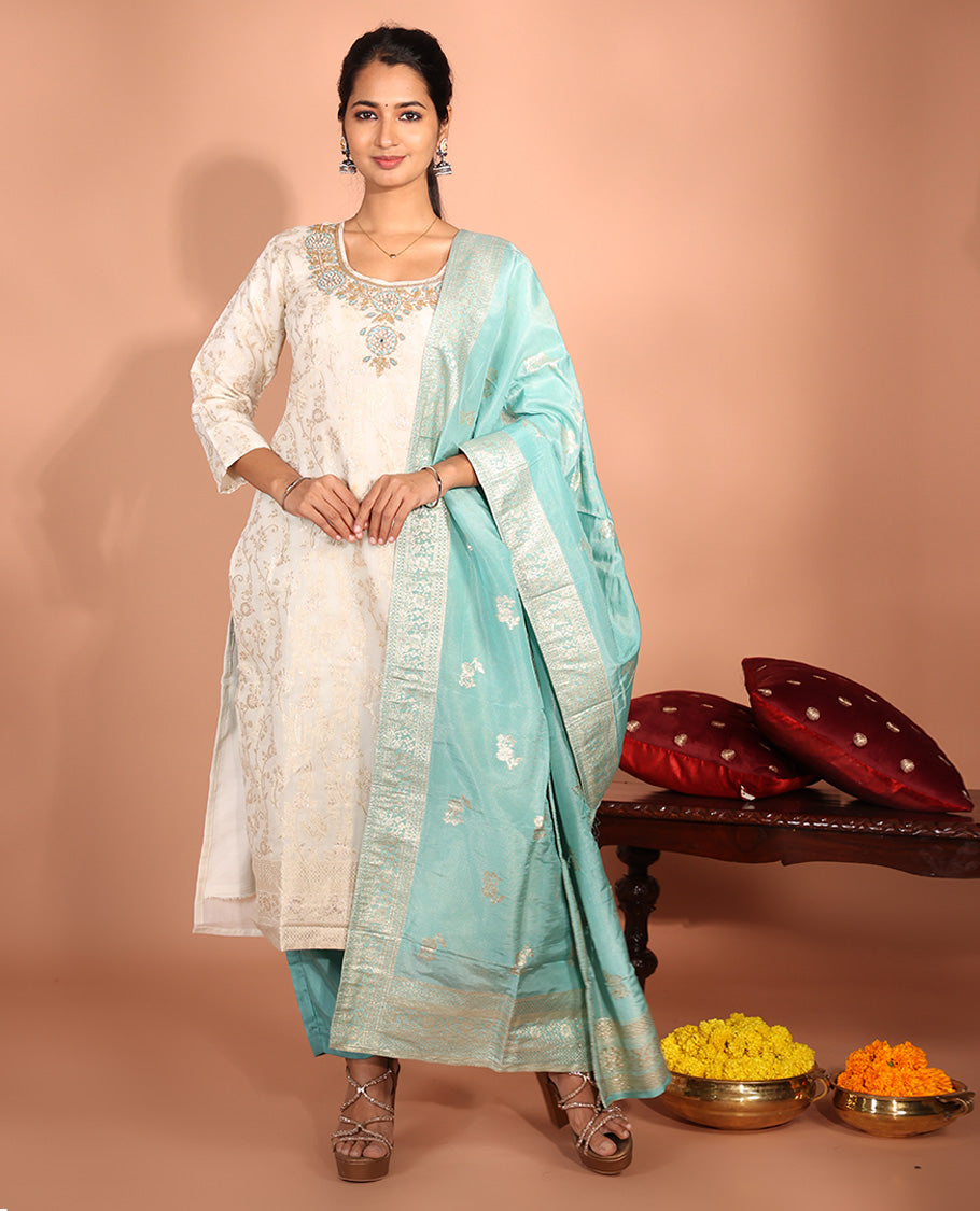 Cream Jacquard Readymade Suit