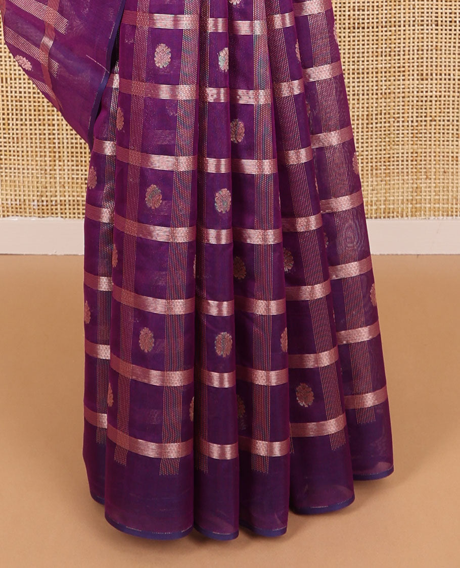 Borderless purple checked, floral design silk cotton saree with floral jaal design pallu