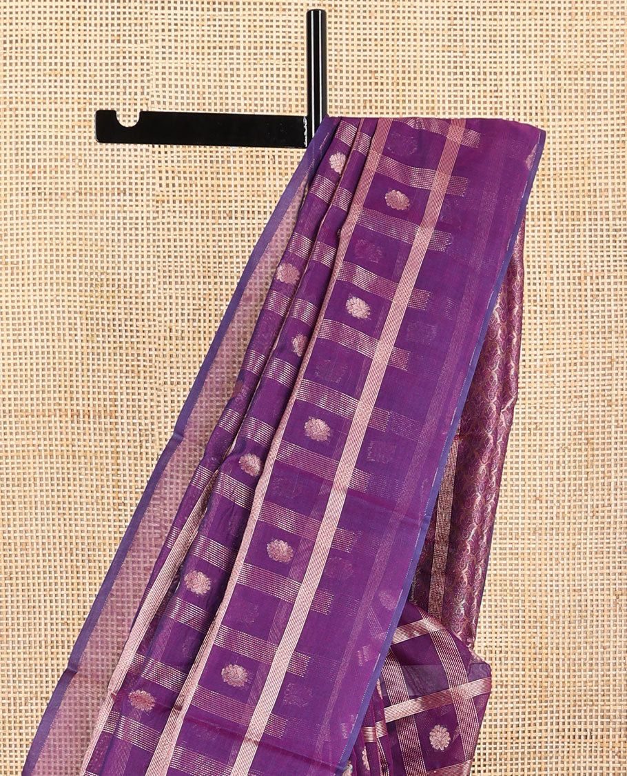 Borderless purple checked, floral design silk cotton saree with floral jaal design pallu