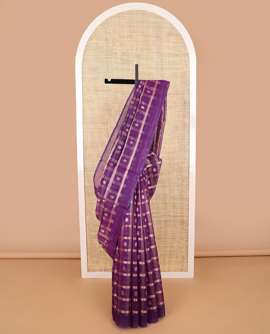 Borderless purple checked, floral design silk cotton saree with floral jaal design pallu