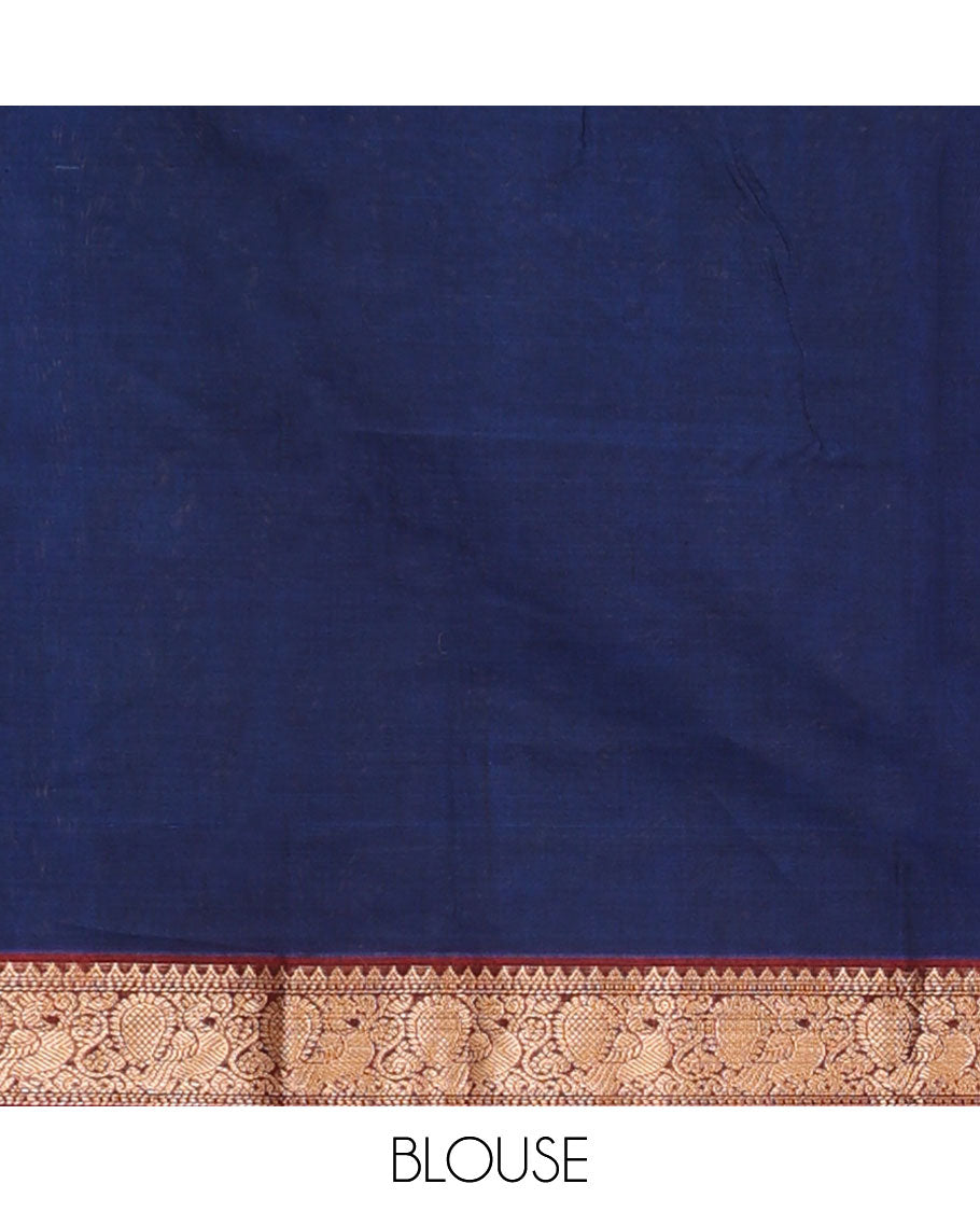 Blue peacock and chakra motifs silk cotton saree, contrast traditional zari border and pallu of butta enclosed checks