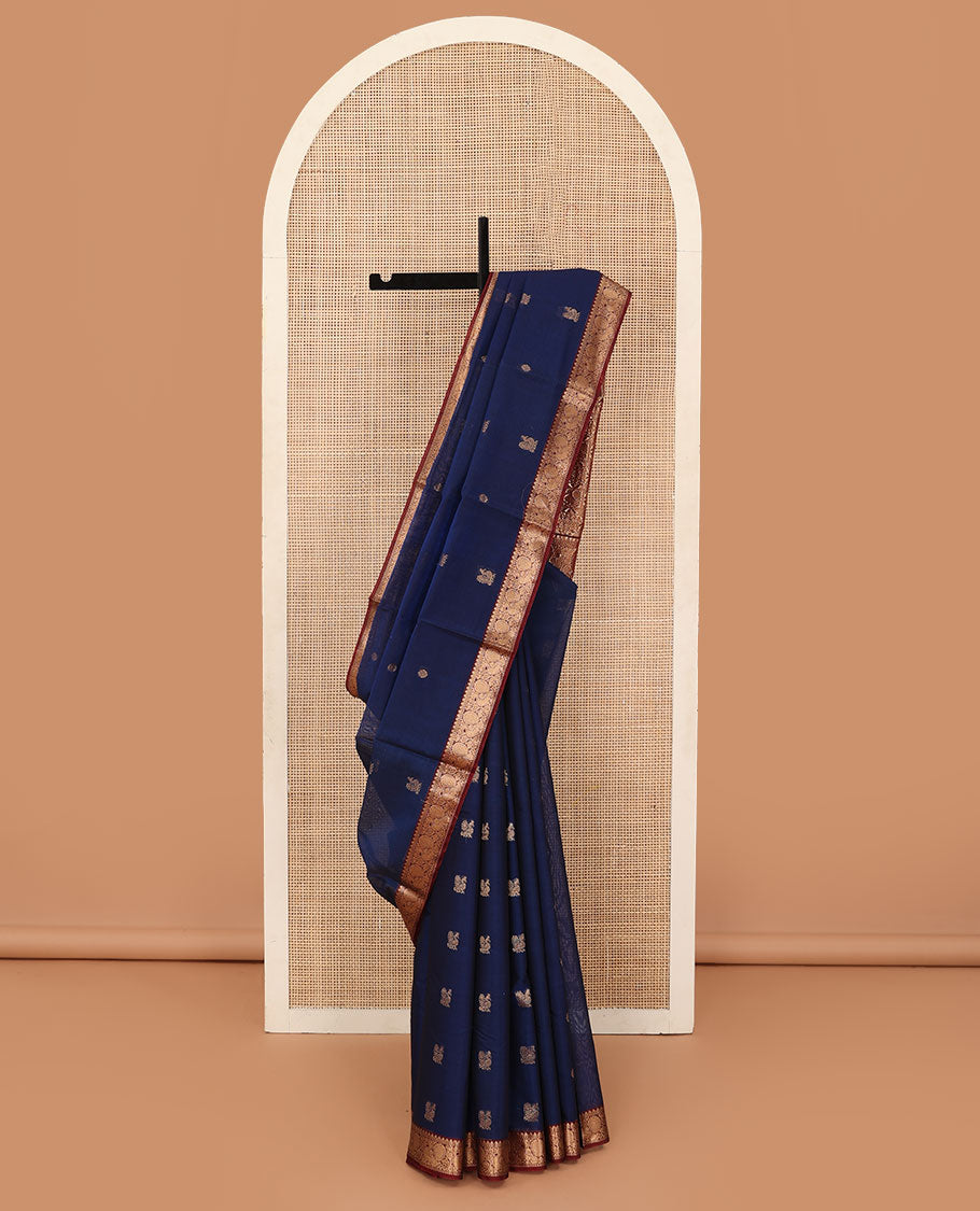 Blue peacock and chakra motifs silk cotton saree, contrast traditional zari border and pallu of butta enclosed checks