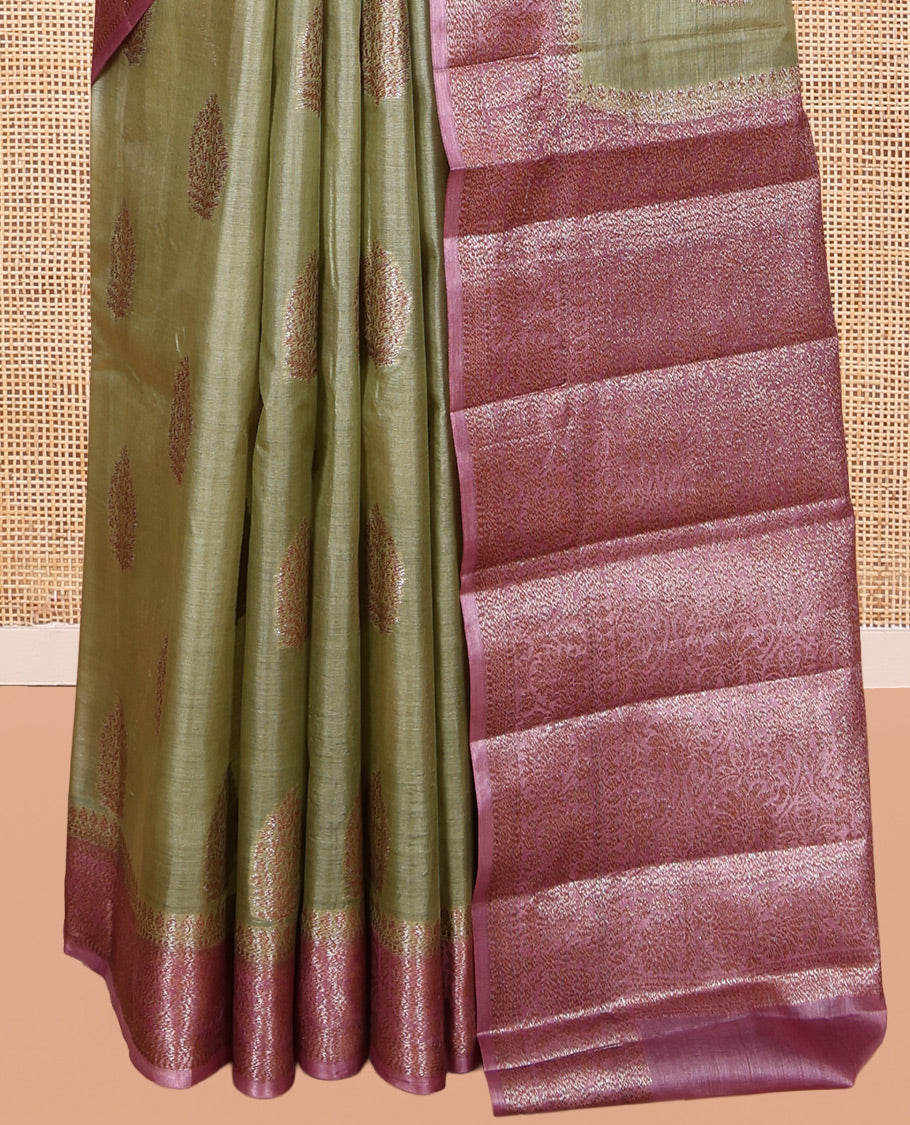 Green Tusser Silk Saree, Sparsely Woven with Zari Buttas, a Contrast Zari Border, Intricate Pallu, and a Contrast Blouse