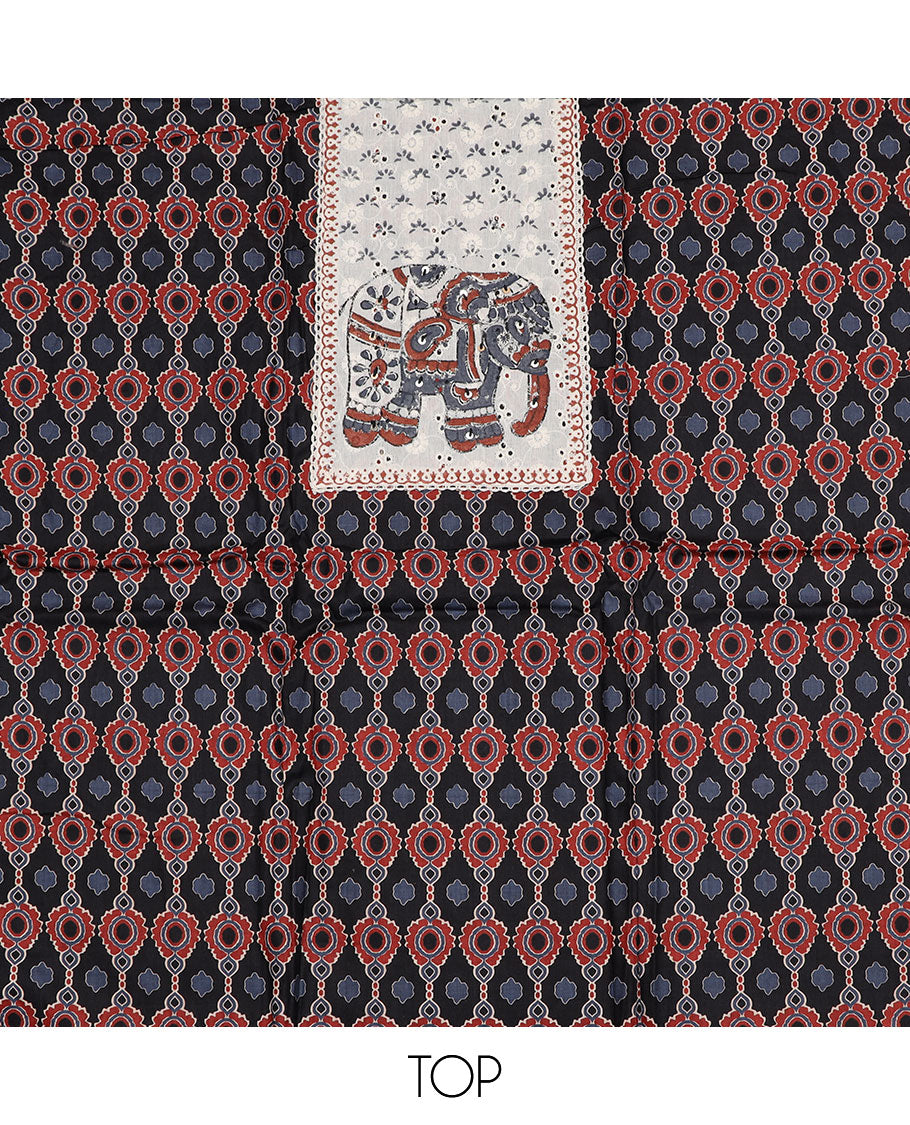 Black material chudidar set, geometric print with elephant print cut work patch embroidery top, plain bottom, and geometric thread embroidered dupatta