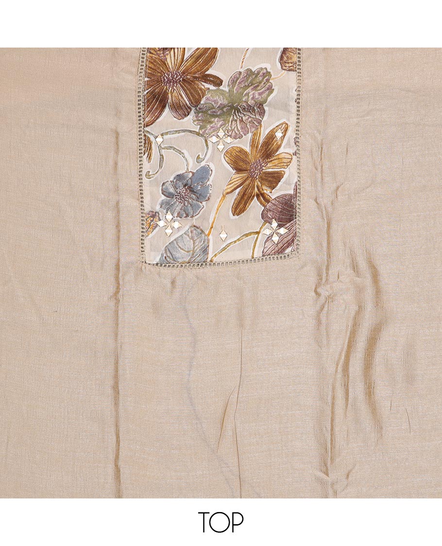 Beige and yellow material chudidar set, floral print with mirror work patch neck embroidered top, contrast bottom and floral printed dupatta