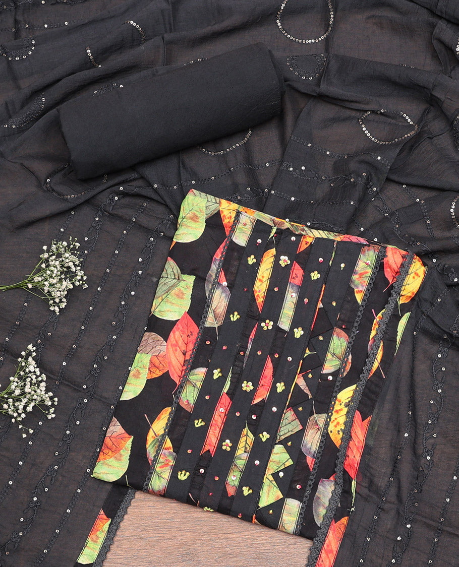 Black Cotton Material Churidar Set, Artfully Detailed with Leaf Motifs Top, Matching Bottom, and Sequins Embroidered Dupatta