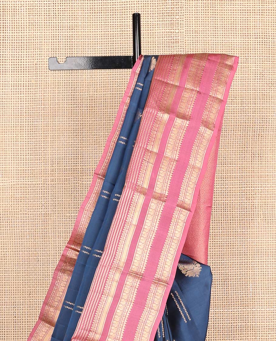 Blue zari buttas Vasundhara silk mix saree, contarst traditional design rettai pettu zari border & jaal pallu