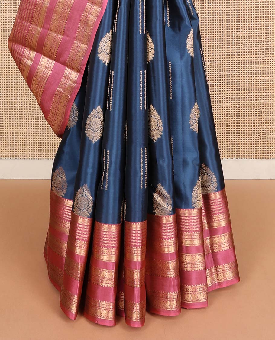 Blue zari buttas Vasundhara silk mix saree, contarst traditional design rettai pettu zari border & jaal pallu