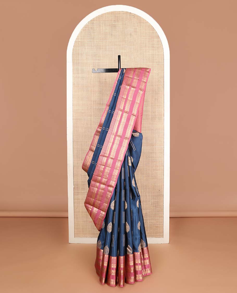 Blue zari buttas Vasundhara silk mix saree, contarst traditional design rettai pettu zari border & jaal pallu