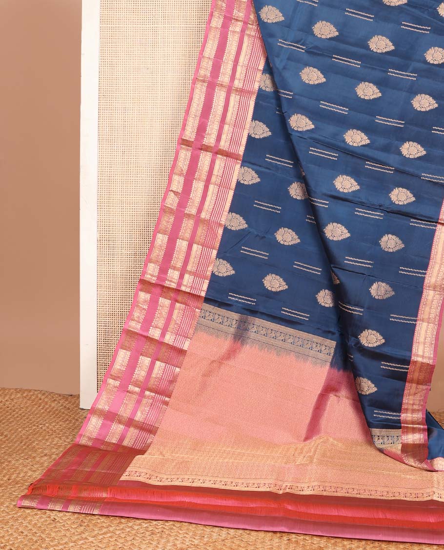 Blue zari buttas Vasundhara silk mix saree, contarst traditional design rettai pettu zari border & jaal pallu