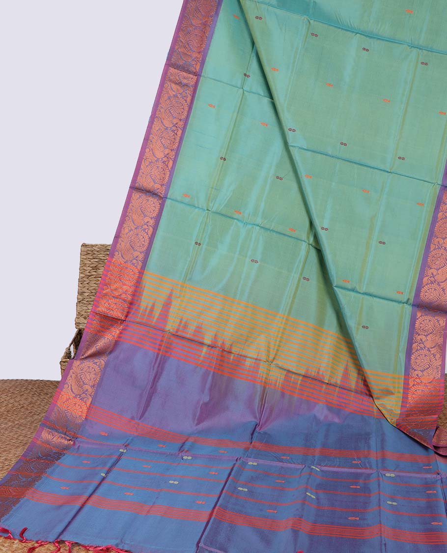 Green floral motifs banana pith saree with contrast zari border & striped , floral motifs pallu