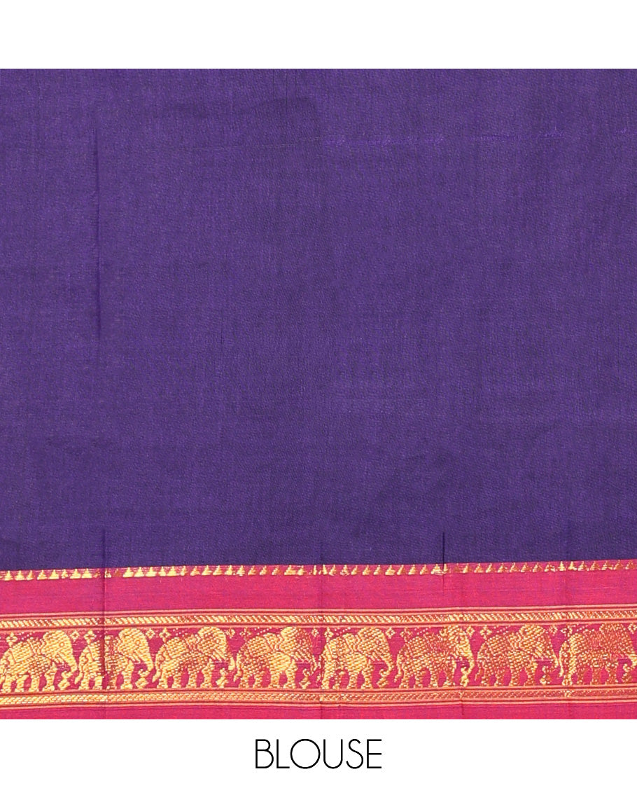 Blue cotton half-saree, plain with contrast elephant motif bordered skirt, matching blouse, and contrast elephant motif dhavani