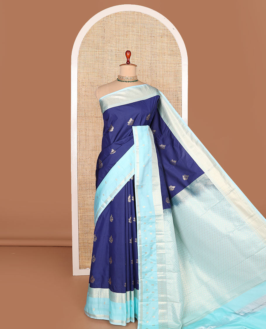 Navy blue zari buttas budget silk saree, contrast traditional zari border, and jaal pallu
