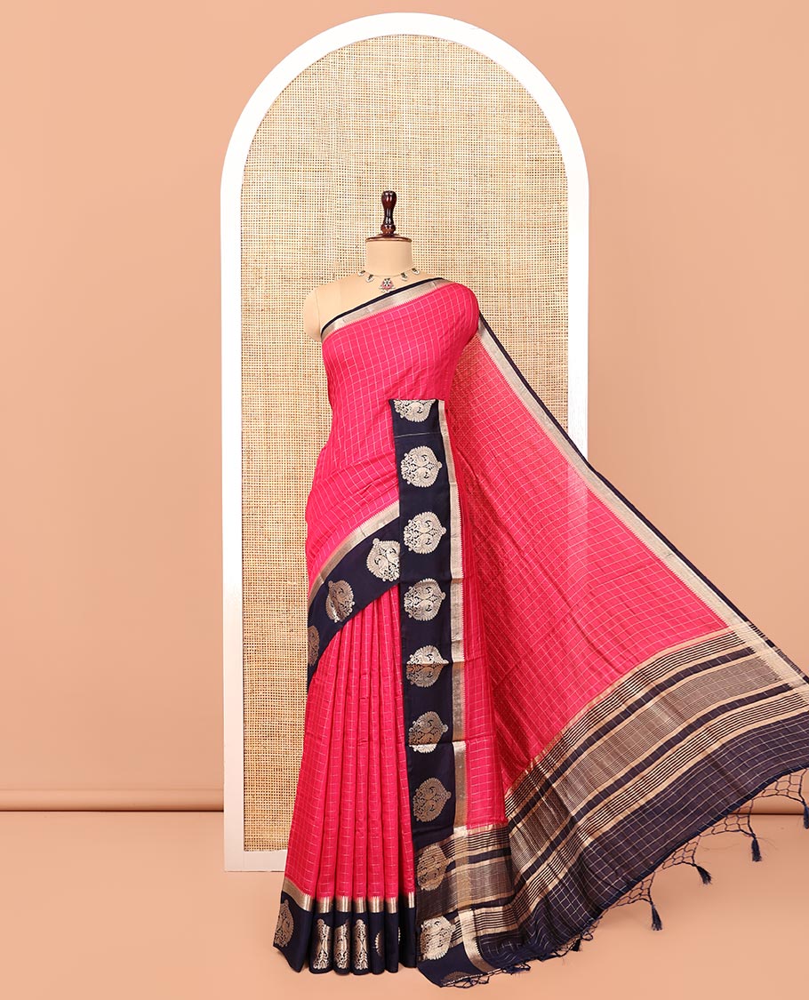 Pink Assam Silk Saree, Decked Up with Checks, Complemented by Contrast Peacock Design Border, Zari-Striped Pallu, and a Contrast Blouse