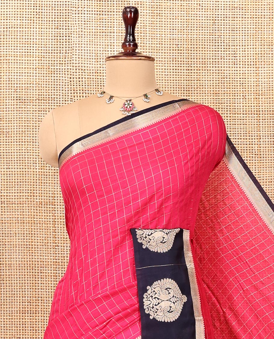 Pink Assam Silk Saree, Decked Up with Checks, Complemented by Contrast Peacock Design Border, Zari-Striped Pallu, and a Contrast Blouse