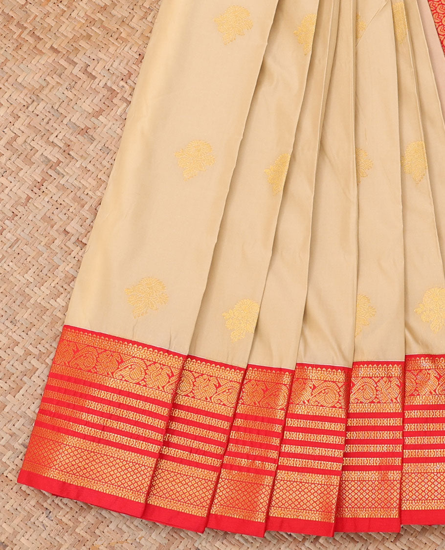 Sandal Budget Silk Saree, Woven with Zari Buttas, a Contrast Traditional Zari Border, Grand Pallu, and a Contrast Blouse
