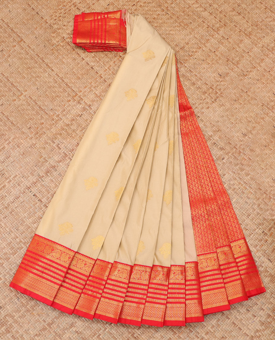 Sandal Budget Silk Saree, Woven with Zari Buttas, a Contrast Traditional Zari Border, Grand Pallu, and a Contrast Blouse