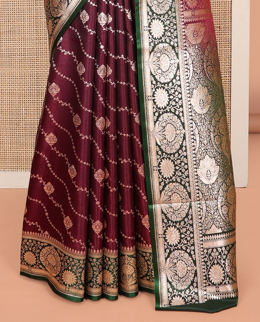 Maroon Banarasi Nylon Saree, Decorated with Diagonal Stripes, Contrast Intricate Zari Border, Intricate Pallu, and a Contrast Blouse
