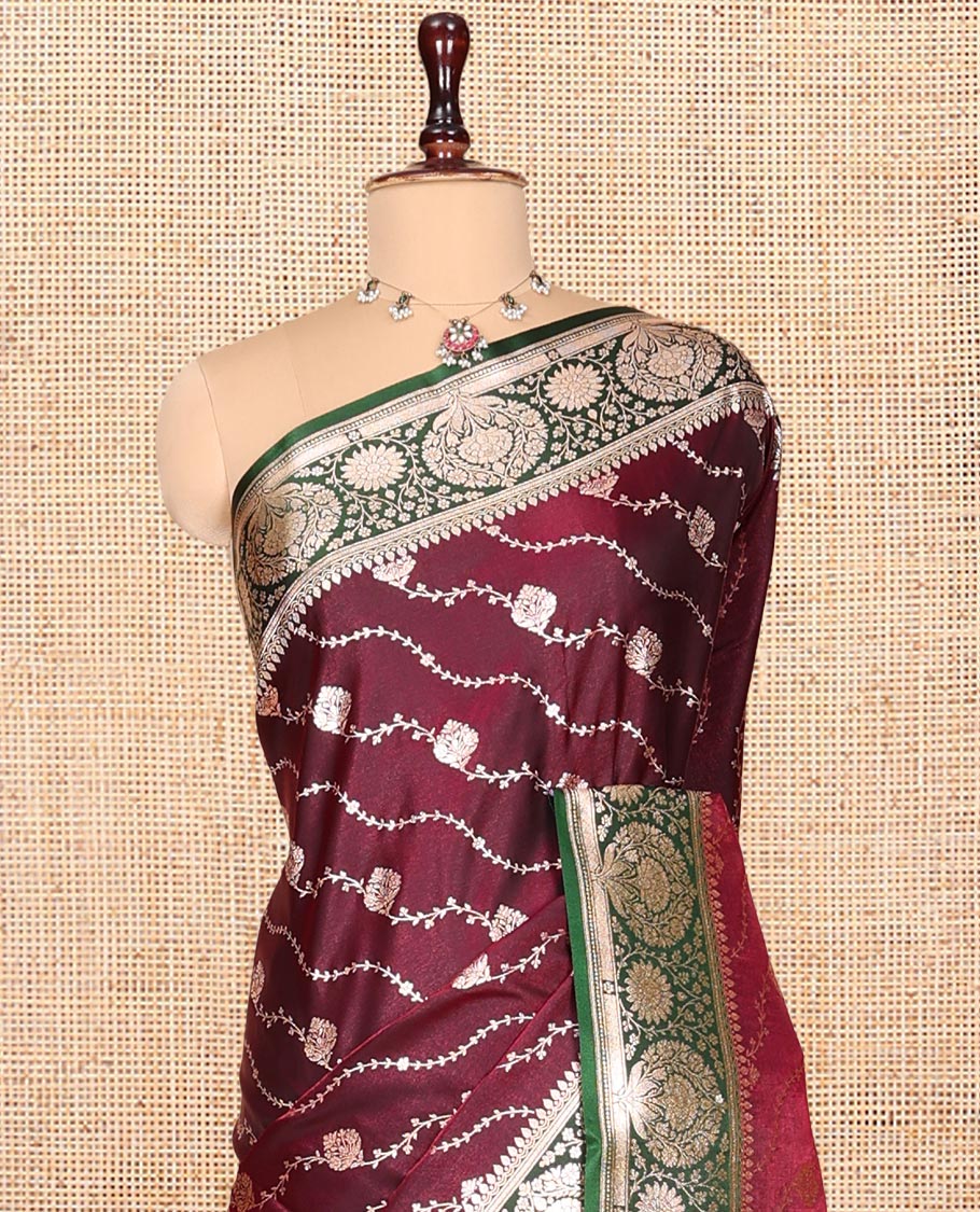 Maroon Banarasi Nylon Saree, Decorated with Diagonal Stripes, Contrast Intricate Zari Border, Intricate Pallu, and a Contrast Blouse