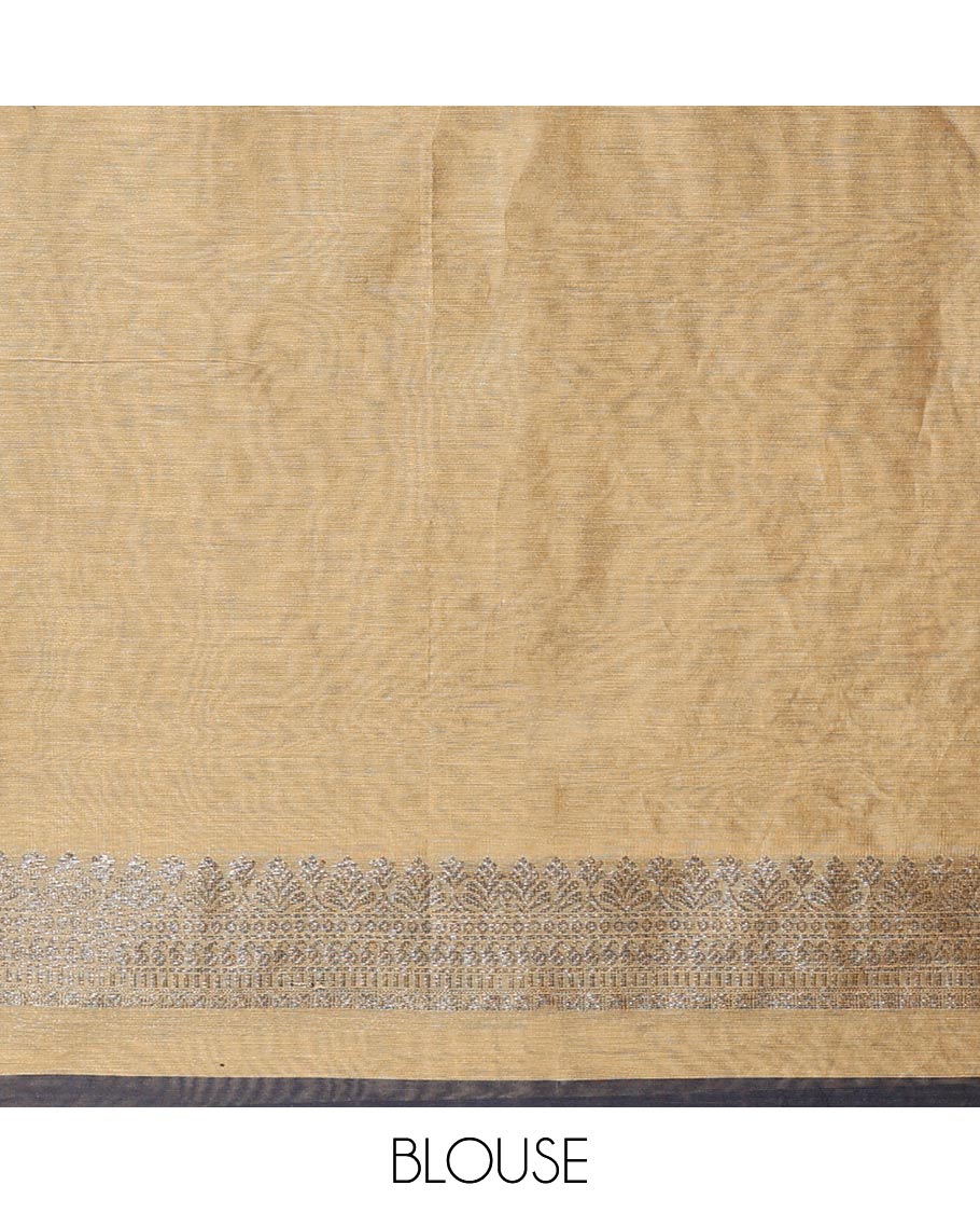 Borderless elephant grey zari buttas semi-silk cotton saree, contrast floral design pallu
