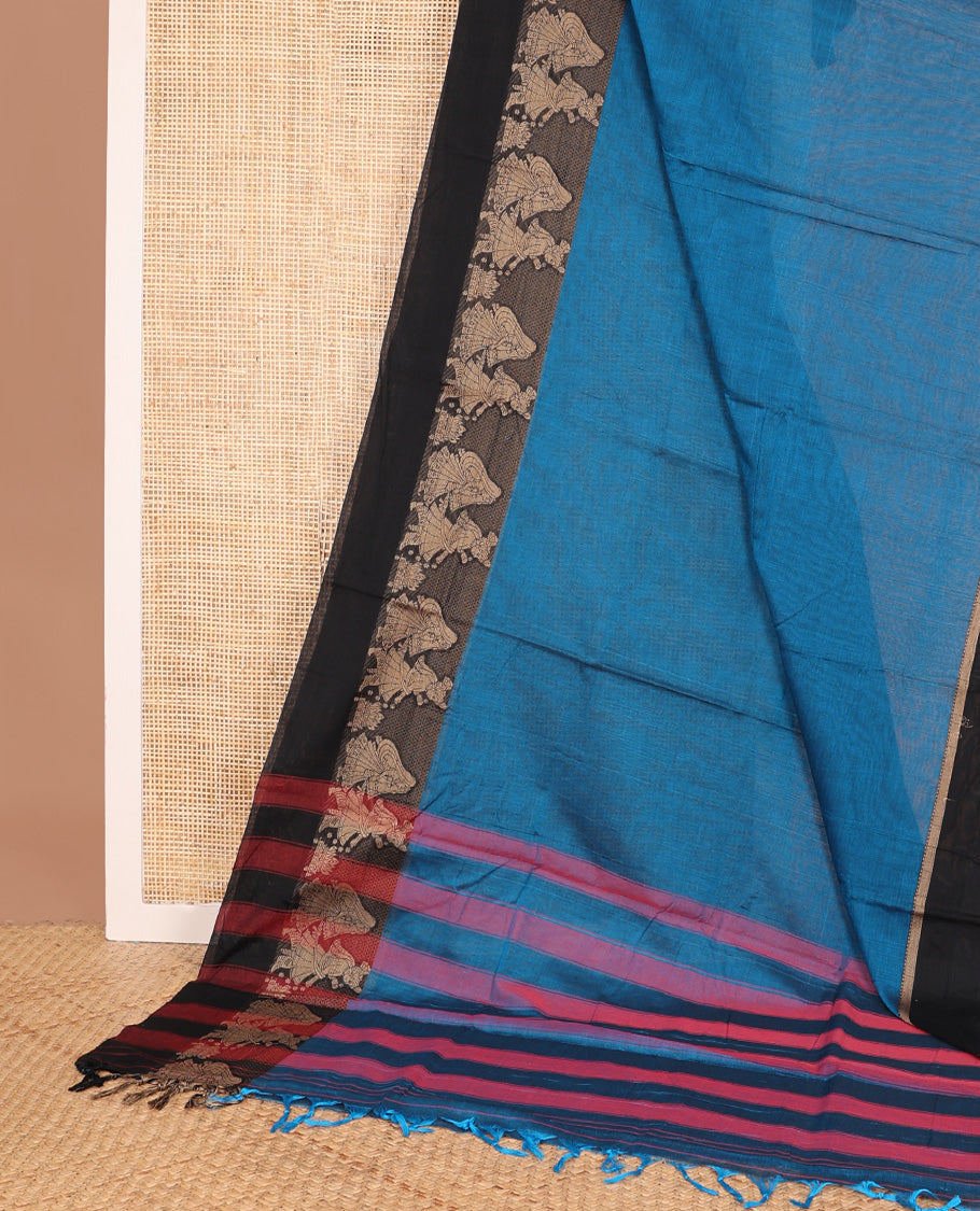 Blue plain Narayanapet cotton saree, contrast wedding themed bride-groom woven border, and striped pallu