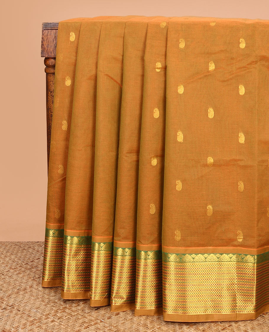 Brown zari paisley buttas Venkatagiri cotton saree, traditional zari border and zari striped pallu