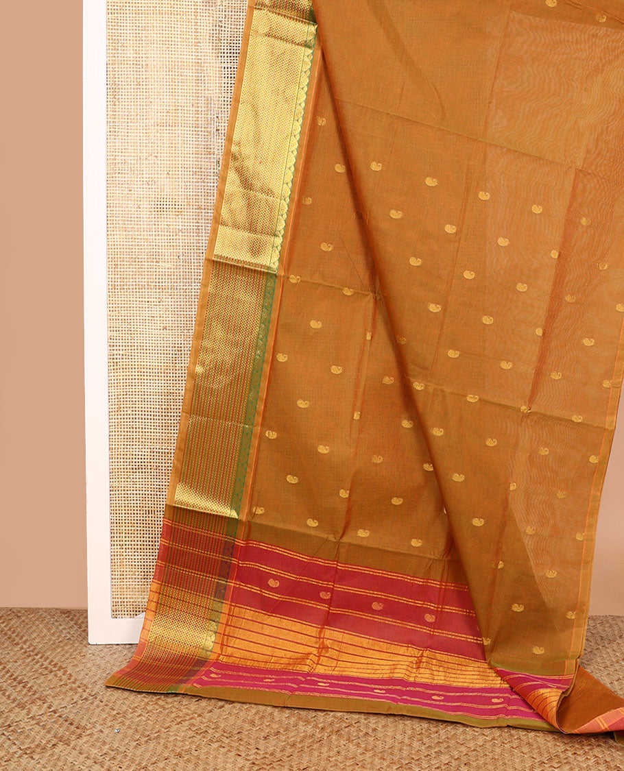 Brown zari paisley buttas Venkatagiri cotton saree, traditional zari border and zari striped pallu