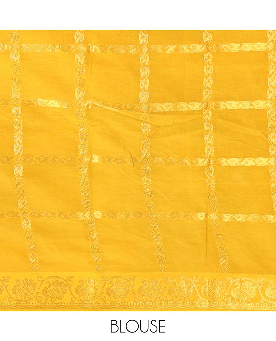 Hot pink zari buttas enclosed checked Sungudi cotton saree, contrast floral-paisley zari border & intricate pallu