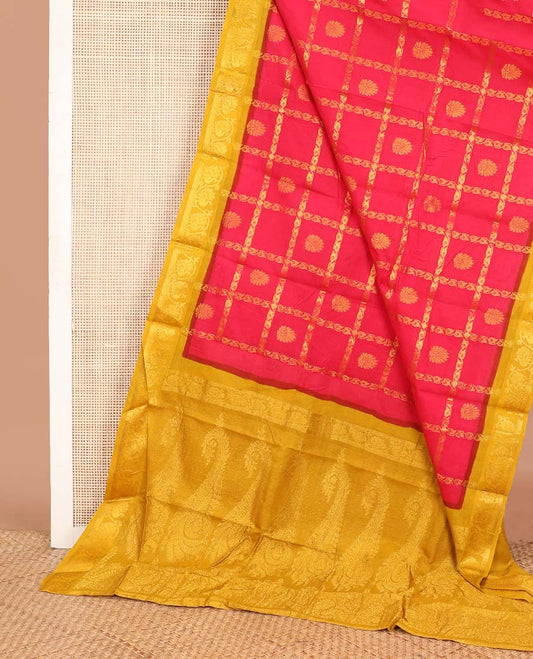 Hot pink zari buttas enclosed checked Sungudi cotton saree, contrast floral-paisley zari border & intricate pallu