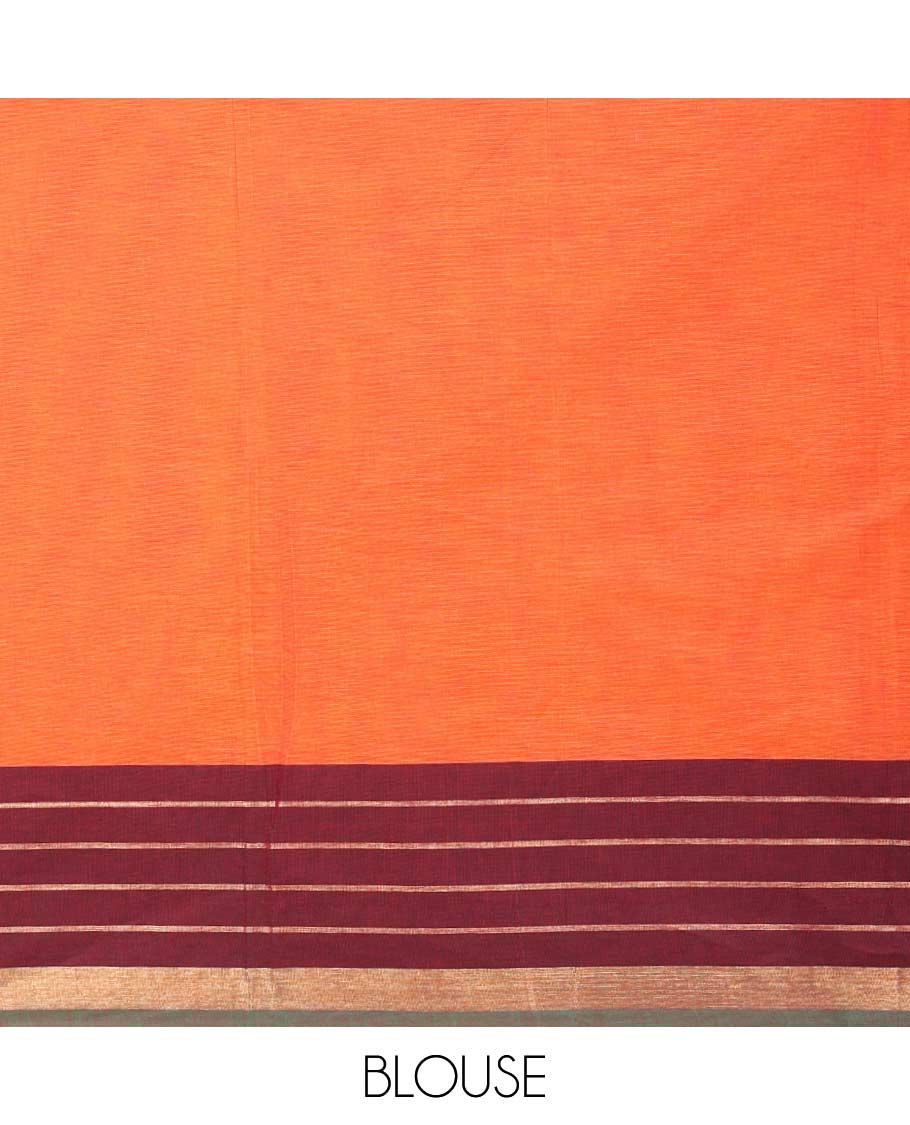 Orange chakra, and paisley buttas Coimbatore cotton saree, contrast butta enclosed checked border, and pallu of paisleys and chevron design