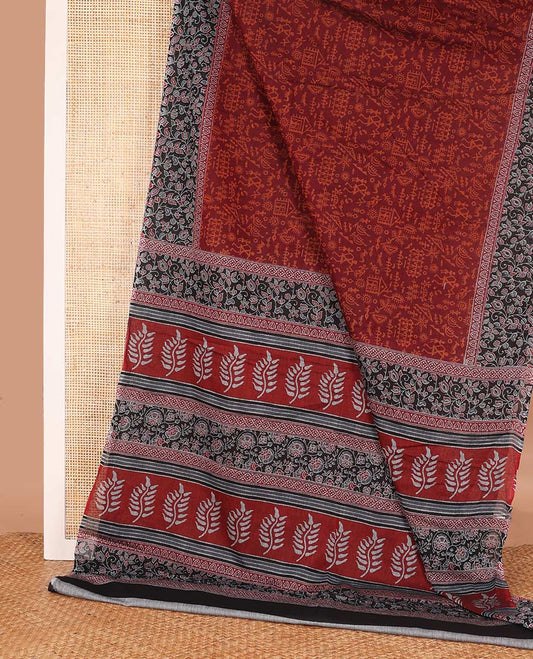 Maroon warli village printed mul mul cotton saree, contrast floral vine printed border, and floral printed pallu