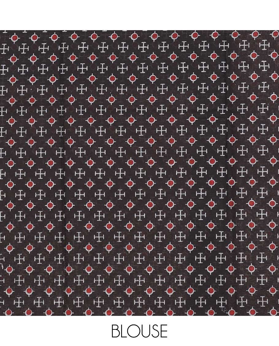 Maroon warli village printed mul mul cotton saree, contrast floral vine printed border, and floral printed pallu