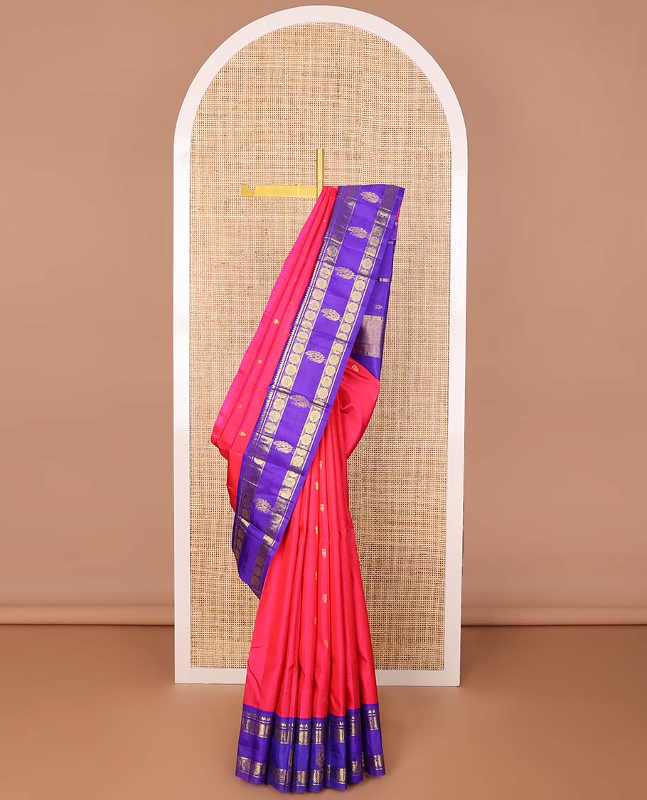 Red floral buttas kancheepuram silk saree with contrast rettai pettu border of thilkam mokku, poo chakram, banaras, mayil design & floral design pallu