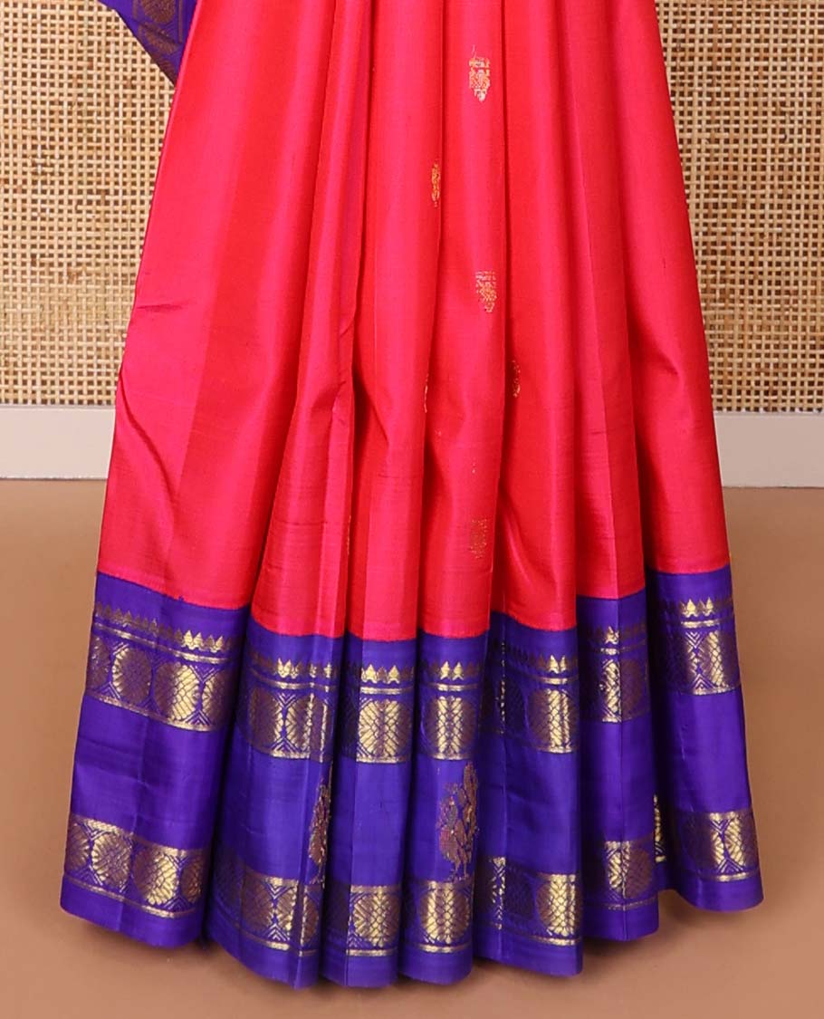 Red floral buttas kancheepuram silk saree with contrast rettai pettu border of thilkam mokku, poo chakram, banaras, mayil design & floral design pallu