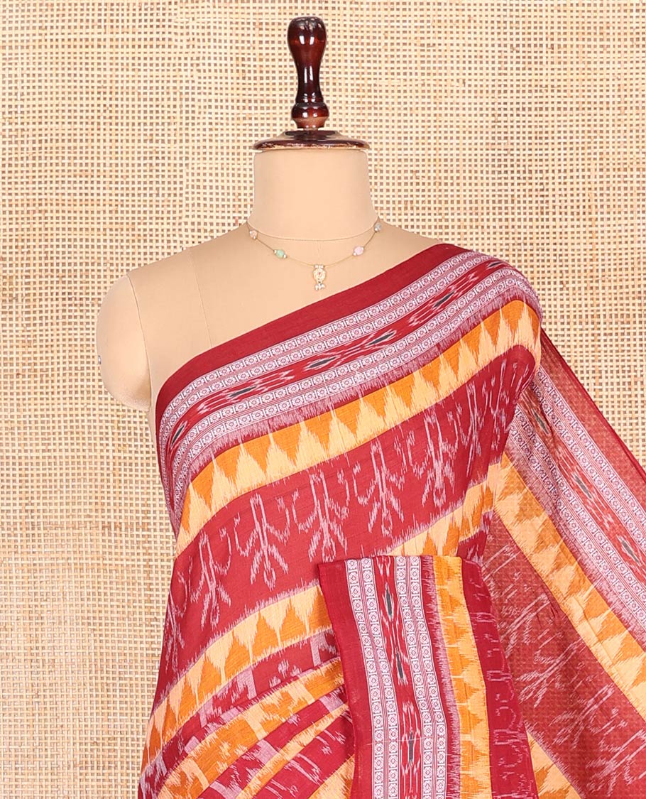 Red Odisha Cotton Saree, Elevated with Butta Enclosed Checks and Temple Designs All Over the Body, Subtly Woven Border, Pallu Depicts Geometric Patterns, and Has No Blouse