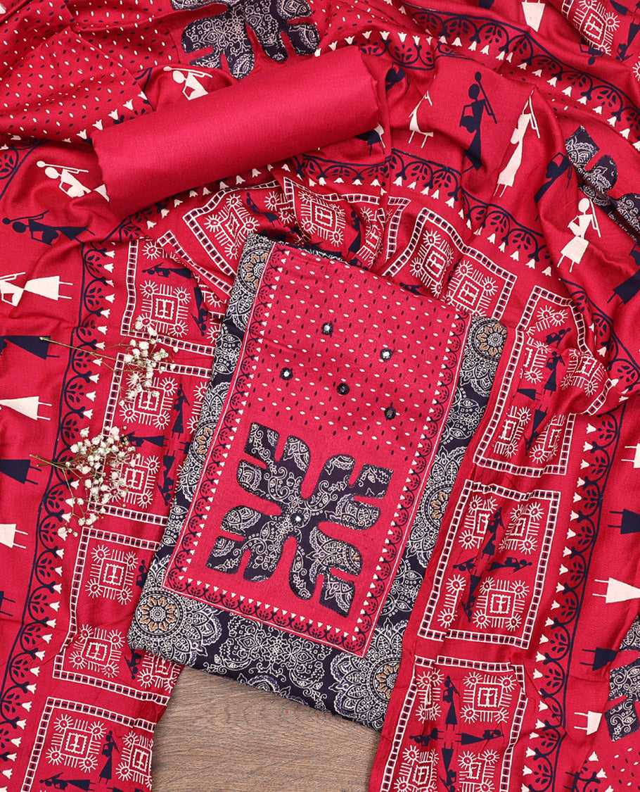 Blue Material Chudidar Set, Decked Up with Intricately Printed and Neck Work on Cotton Top, a Contrast Plain Cotton Bottom, and Paired with a Warli-Printed Cotton Dupatta