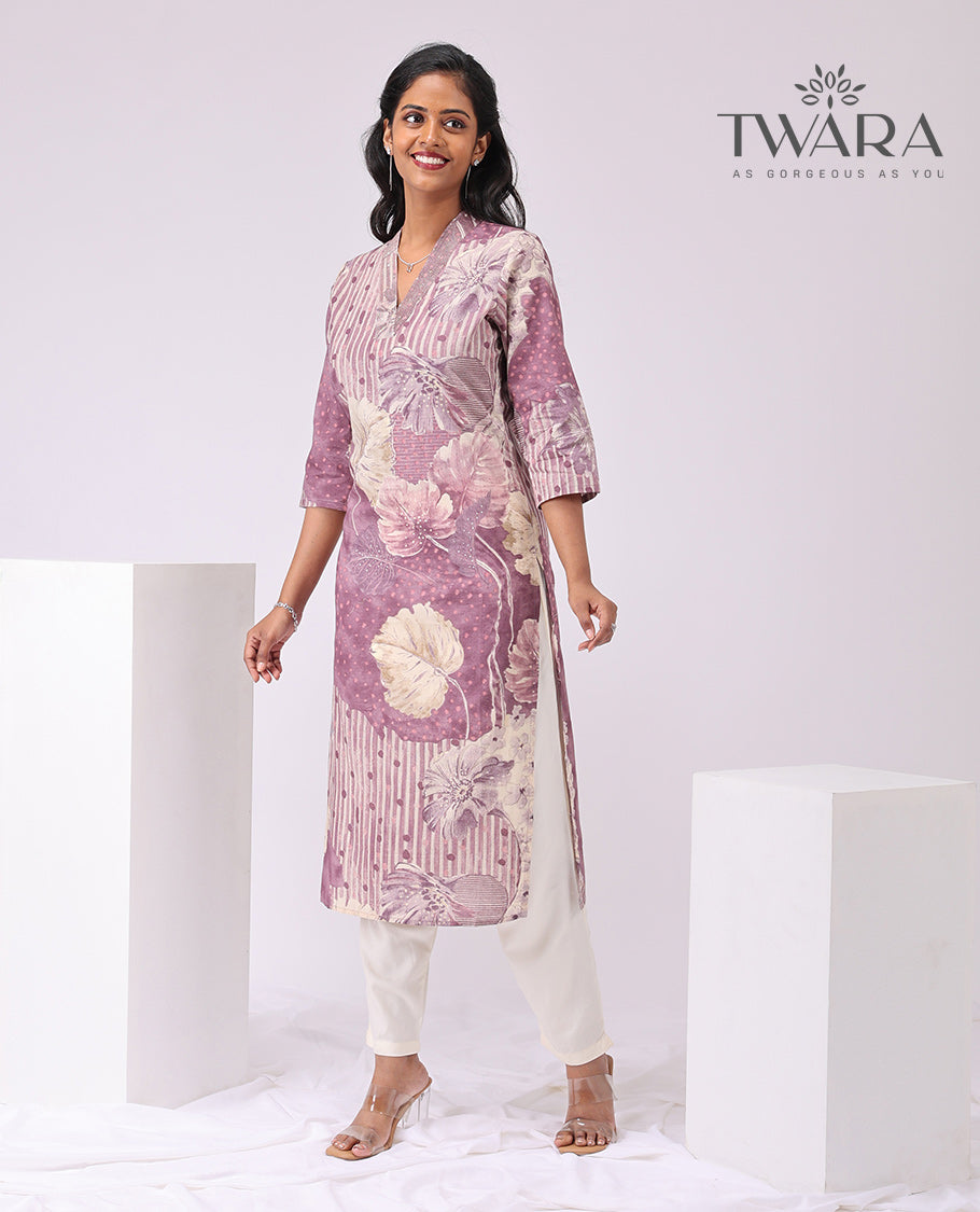Twara mauve floral printed v neck 3/4 th sleeve , knee length straight cut kurti