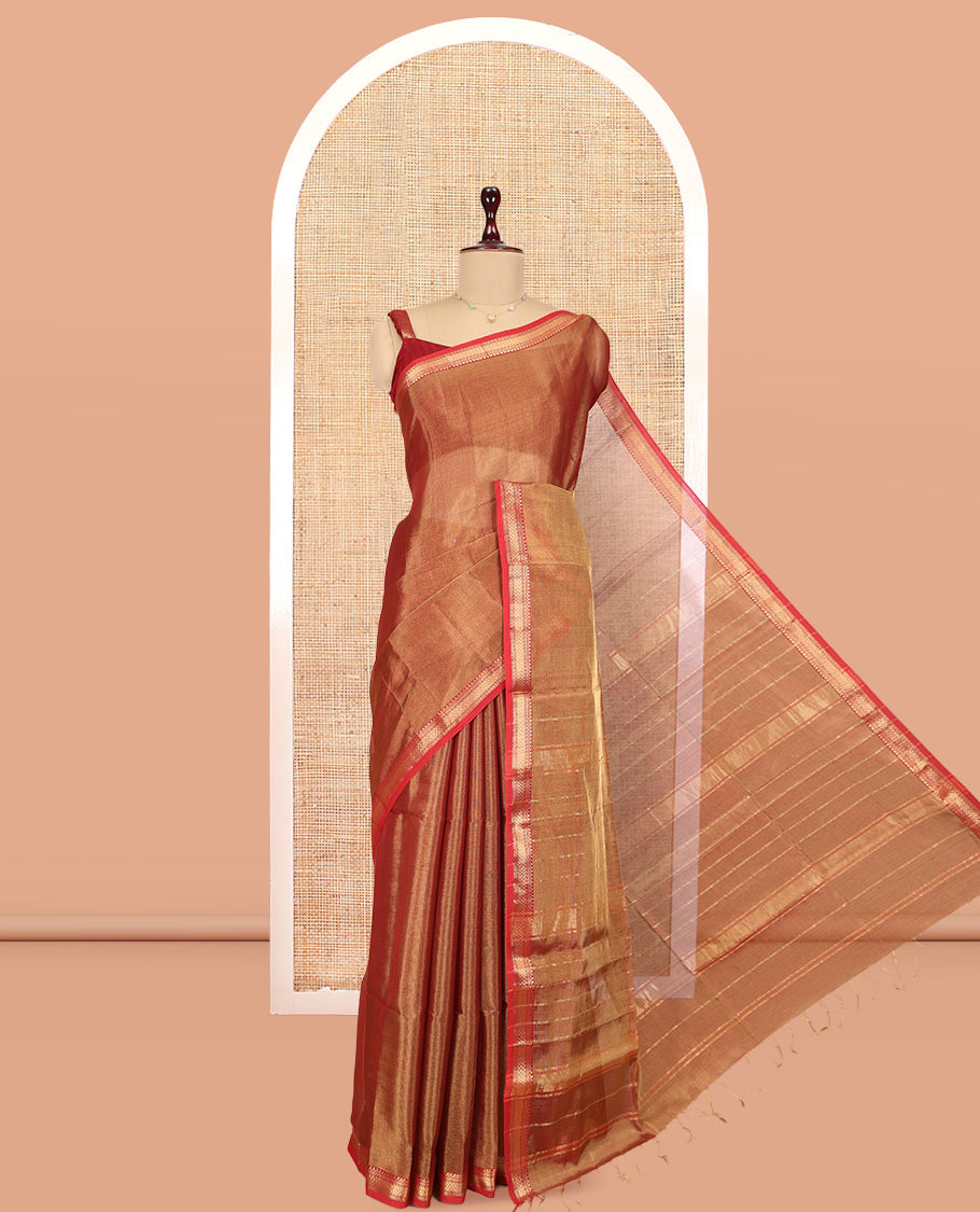 Gleaming Rust Plain Tissue-Weave Maheshwari Cotton Saree