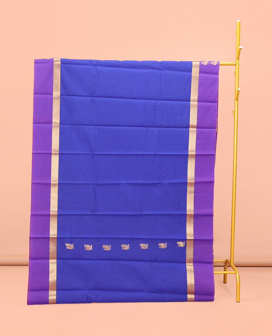 Royal Blue Semi-Silk Cotton Saree, Majestically Detailed with Peacock Buttas All Over Its Body, Complemented by a Contrast Peacock Buttas Border, Pallu Steeped with Peacock Design, and Paired with a Matching Blouse