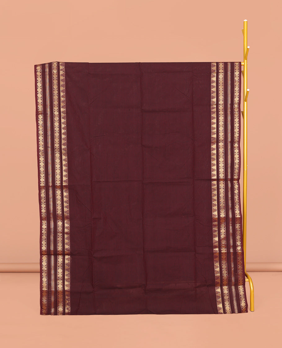 Maroon Plain Chettinad Cotton Saree, Highlighted by Temple Varisai Pettu Traditional Border, Striped Pallu, and a Matching Blouse