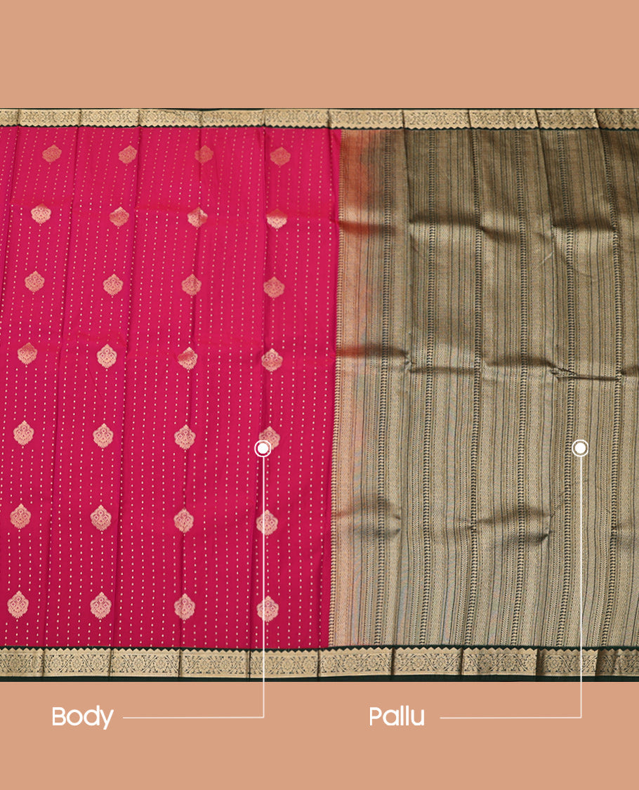 Red Budget Silk Saree, Steeped with Zari Buttas, Contrast Traditional Zari Border, Geometric Pallu, and a Contrast Blouse