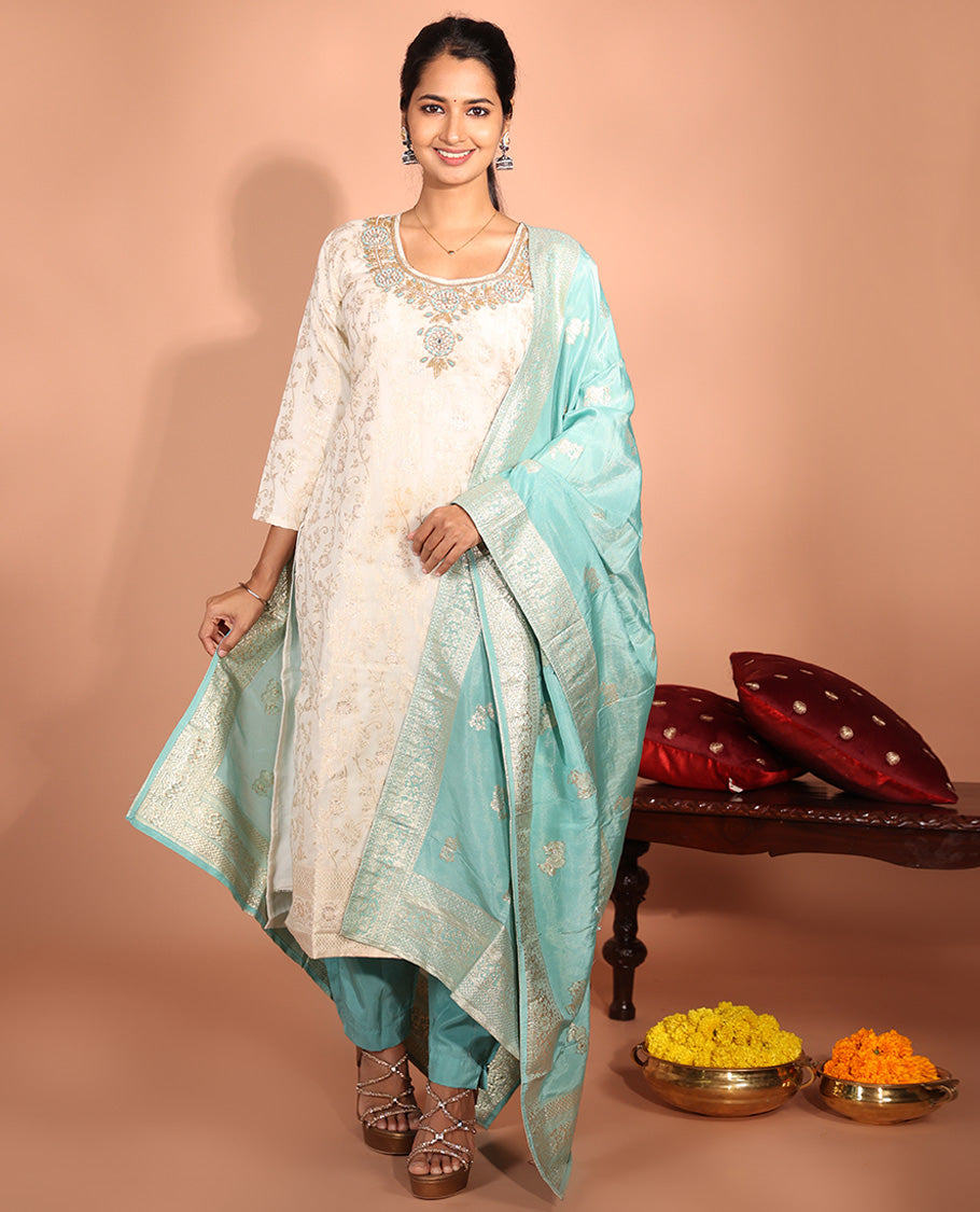 Cream Jacquard Readymade Suit